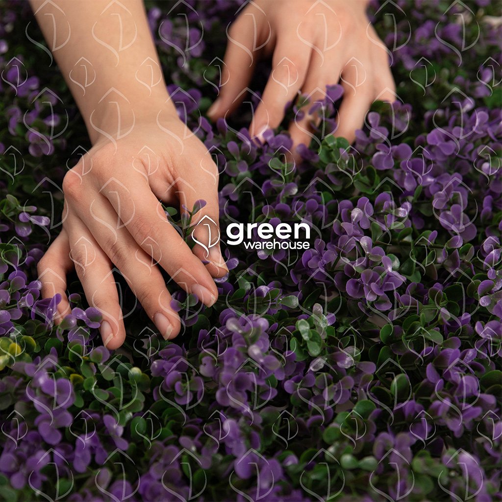 The lavender myrtle foliage for a green wall has small green leaves with purple tips that will brighten up any space. Ideal to combine with any other model through a personalized foliage design.