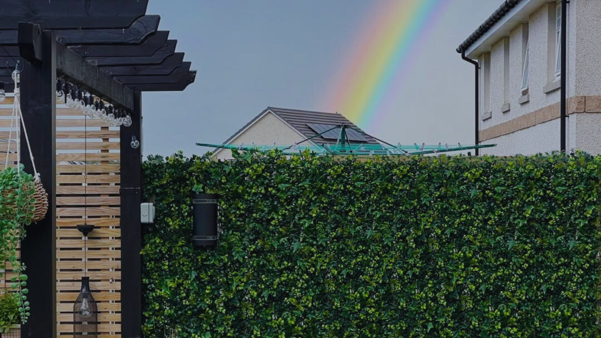 Outdoor artificial green wall fence with rainbow in backyard patio.