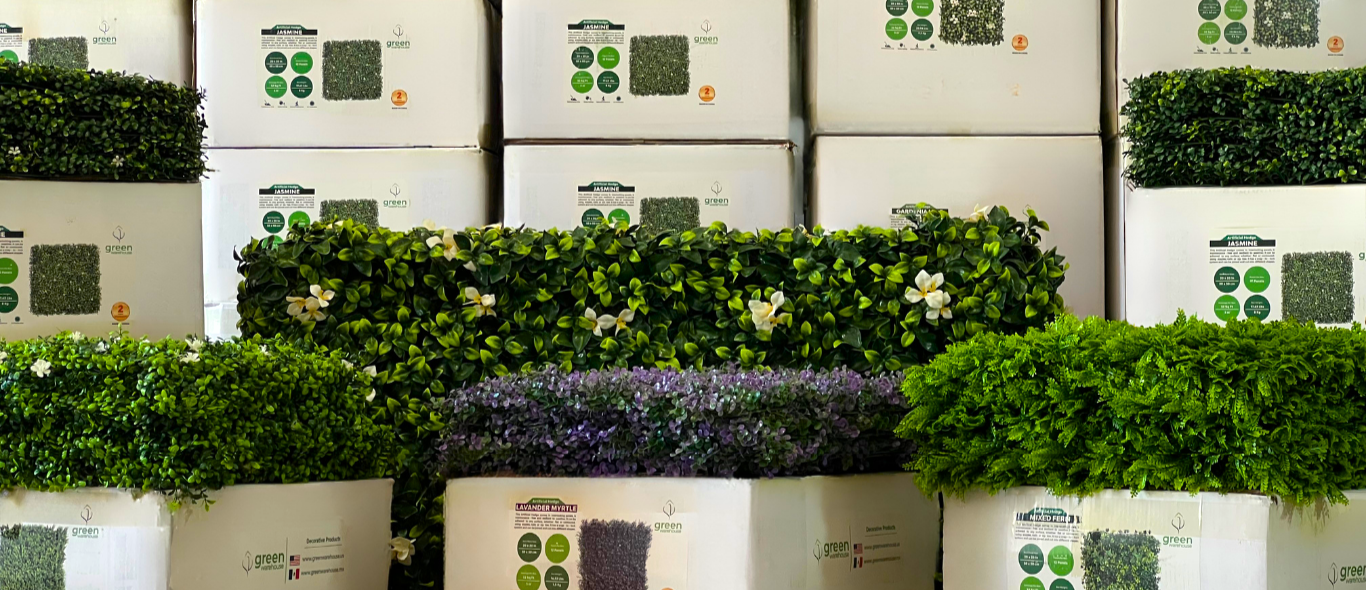 Boxes of artificial hedge panels with greenery wall samples for nationwide distribution