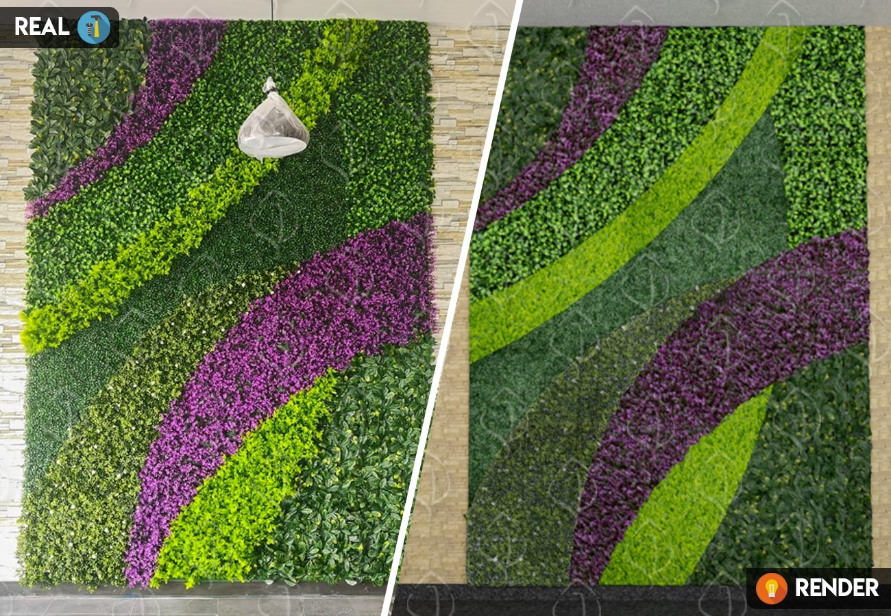 Vertical garden render compared with real artificial hedge wall in purple and green tones