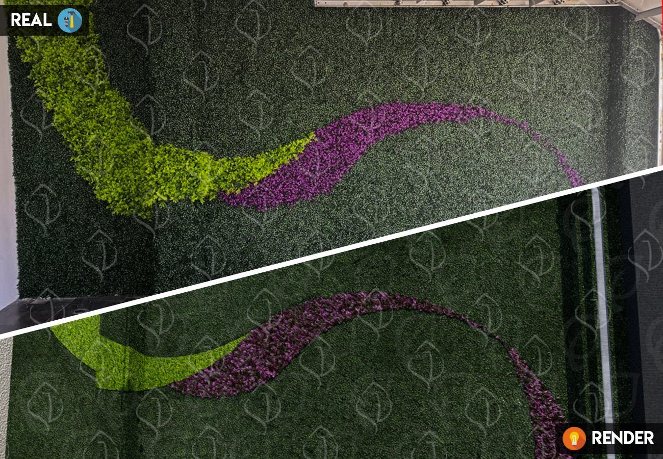 Indoor artificial green wall design with faux foliage and purple flower accents. Custom vertical garden rendering for decorative wall panels