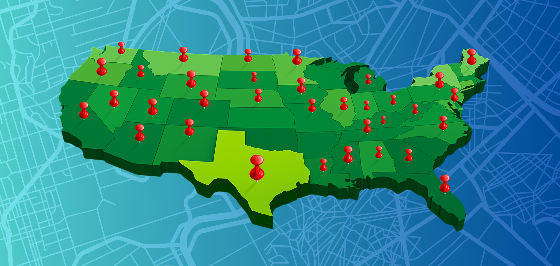 Map of USA with delivery points showing Green Warehouse nationwide shipping of artificial green wall panels to all 50 states.