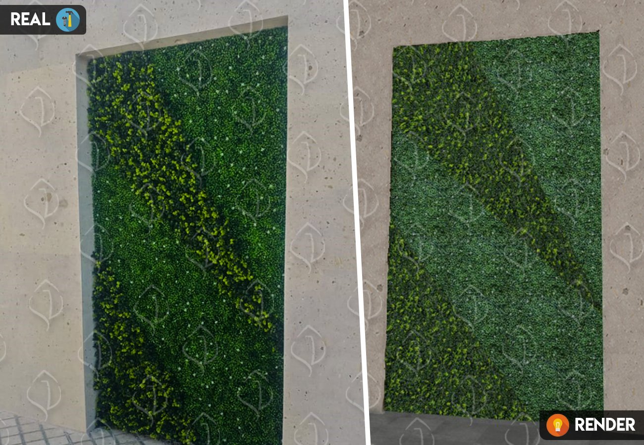 Artificial hedge design with custom green foliage pattern. Decorative fake plant wall panel for outdoor facades and architectural accents