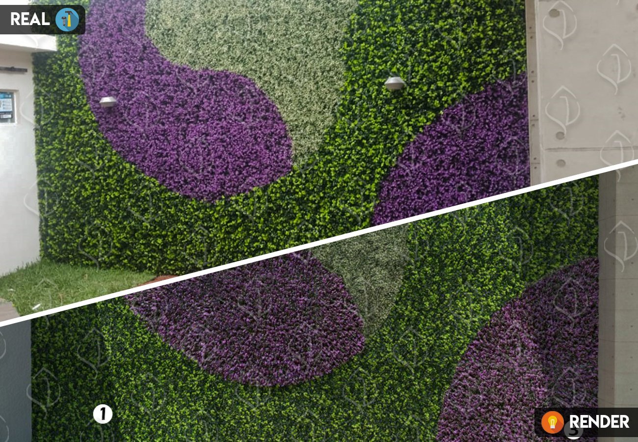 Custom artificial green wall with purple foliage accents. Outdoor decorative vertical garden panels for fences, walls, and architectural landscaping.