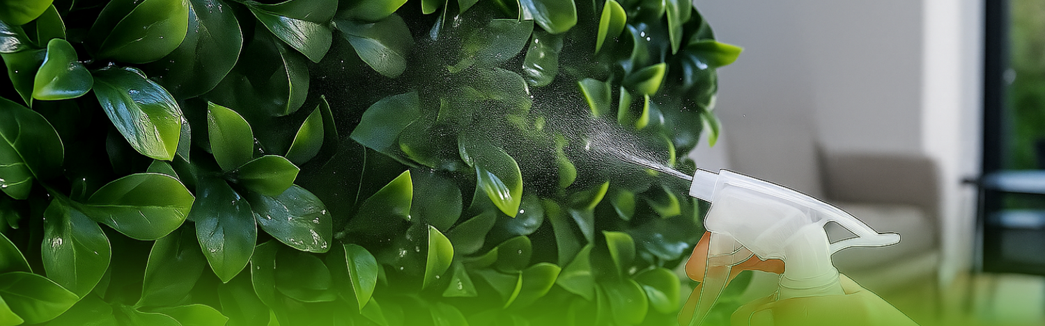 dusting artificial green wall with microfiber cloth