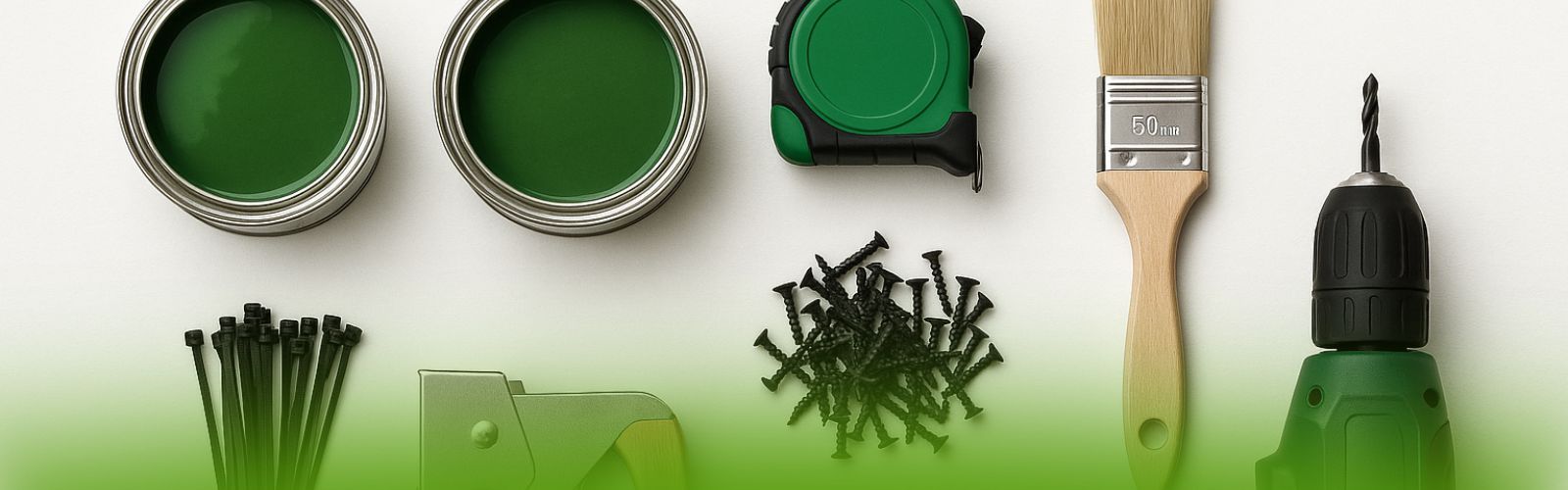 Professional artificial green wall installation tools including drill, zip ties, nails, measuring tape, staple gun, and green paint cans neatly arranged on a work surface