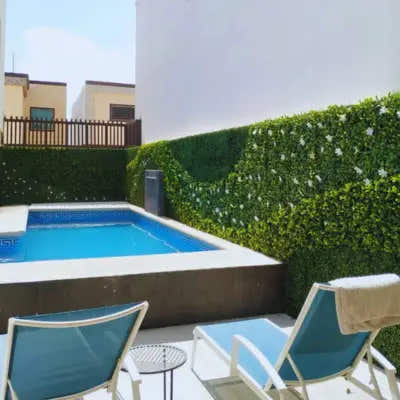 Outdoor pool area with Artificial Boxwood Hedge Wall installed by Green Warehouse, creating a private and stylish backyard green wall with low-maintenance foliage.