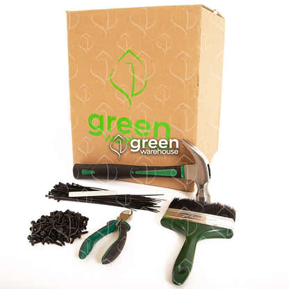 Artificial Foliage Installation Kit with tools for mounting artificial hedge panels and fake plant walls securely on fences, concrete, drywall, and backdrops