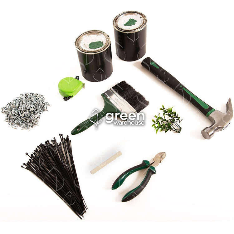 Artificial Foliage Installation Kit - Green Warehouse. Complete installation kit for artificial green wall panels. Includes measuring tape, brush, pliers, and accessories for secure hedge panel mounting on walls