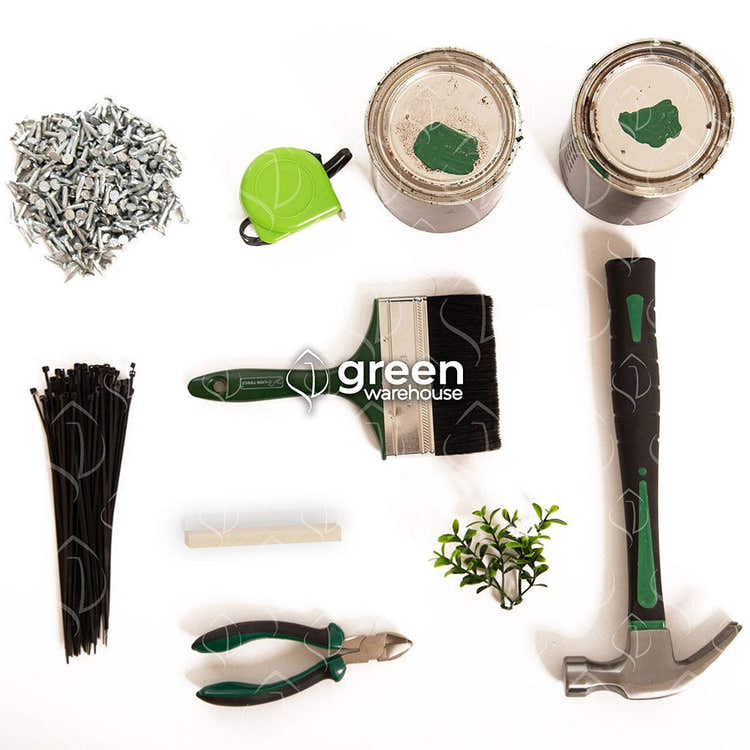 Artificial Foliage Installation Kit Artificial Foliage Installation Kit with hammer, pliers, zip ties, screws, and tools for mounting artificial hedge panels and fake plant walls.- Green Warehouse