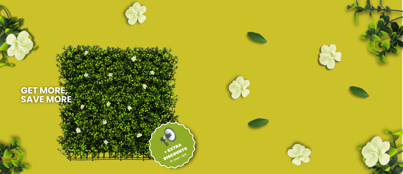Artificial green wall panel with white flowers on yellow background promoting big discounts