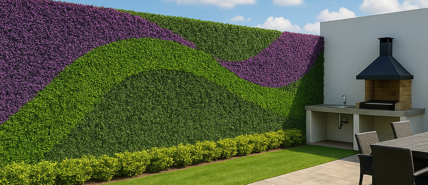 Outdoor patio with artificial green wall design in purple and green wave pattern beside BBQ area – professional render