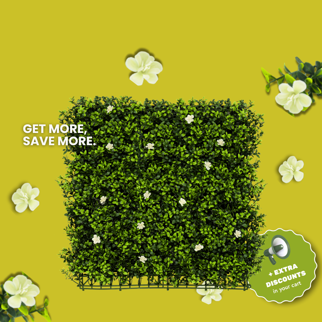 Artificial green wall panel with white flowers on yellow background promoting big discounts