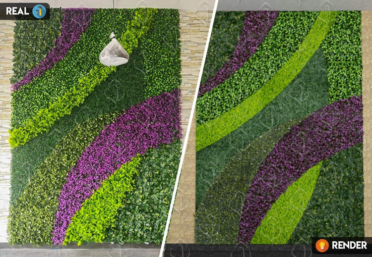 Vertical garden render compared with real artificial hedge wall in purple and green tones
