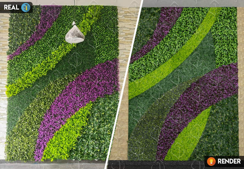 Vertical garden render compared with real artificial hedge wall in purple and green tones