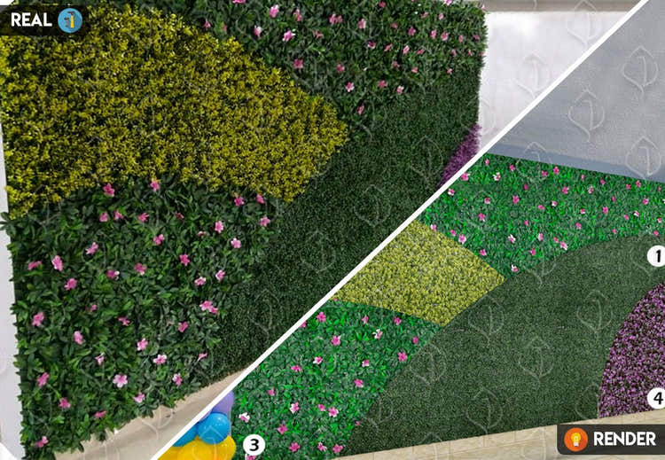 Artificial foliage wall with green and yellow panels accented by pink flowers, custom indoor vertical garden design