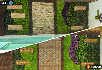 Custom artificial foliage wall design with mixed greenery panels and stone center. Fake vertical garden installation for poolside or outdoor decor