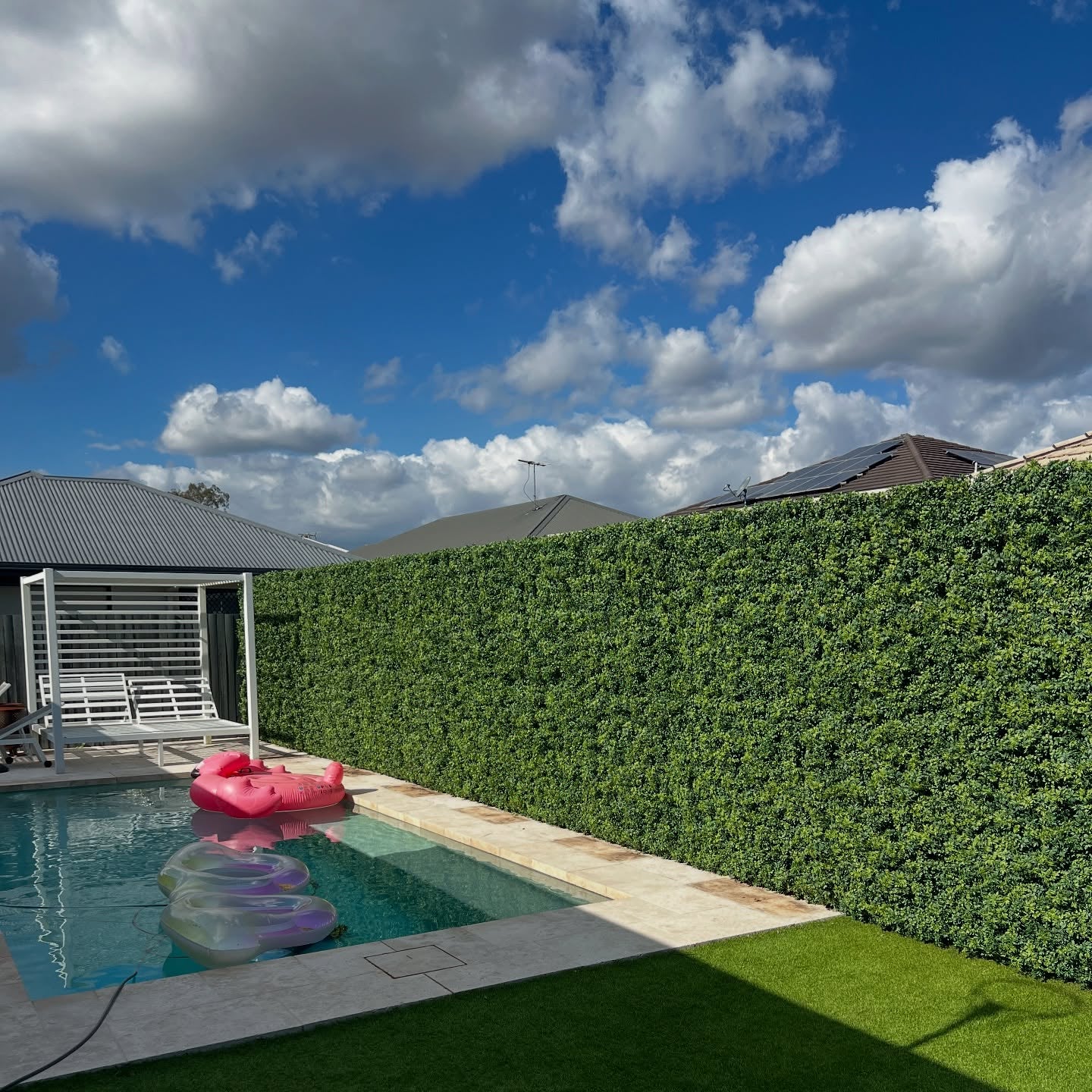 Backyard pool with tall artificial green wall panels providing privacy and low-maintenance living wall solution for outdoor spaces.