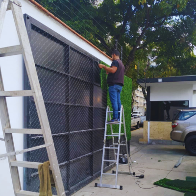 Worker installing artificial green wall panels on outdoor metal mesh using ladder, step-by-step living wall setup