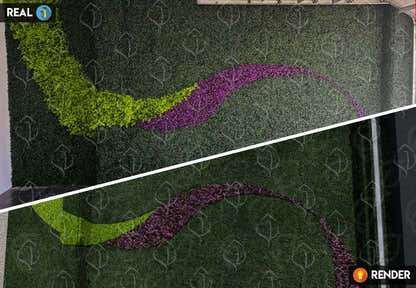 Indoor artificial green wall design with faux foliage and purple flower accents. Custom vertical garden rendering for decorative wall panels