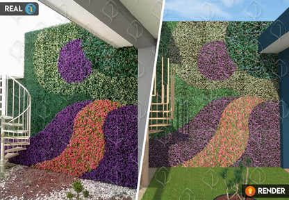 Custom artificial greenery wall with purple, green, and orange foliage patterns, vertical garden design rendering