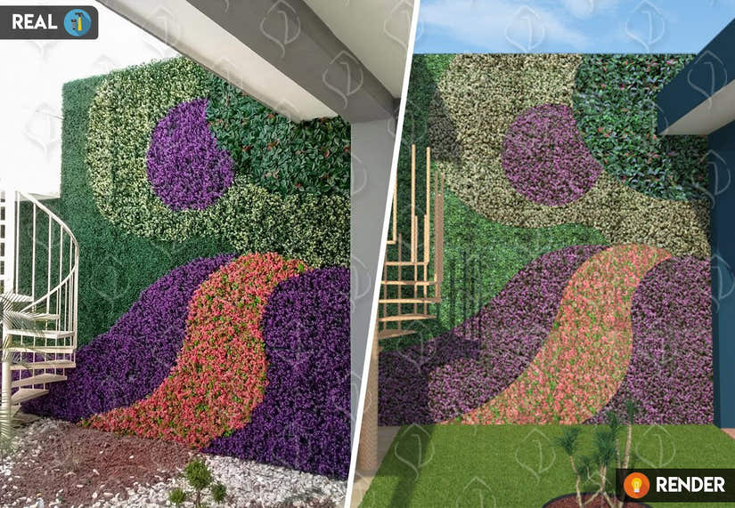Custom artificial greenery wall with purple, green, and orange foliage patterns, vertical garden design rendering