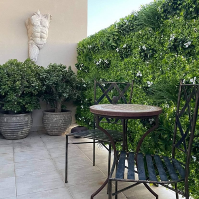 Artificial greenery wall panels near me – Black Forest 40"x40" model with lush foliage and gardenia flowers for indoor or outdoor decoration.
