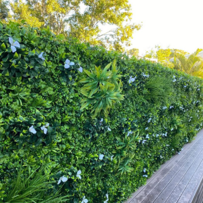 Artificial green wall panel 40"x40" Black Forest by Green Warehouse with dense foliage and gardenia flowers for outdoor privacy