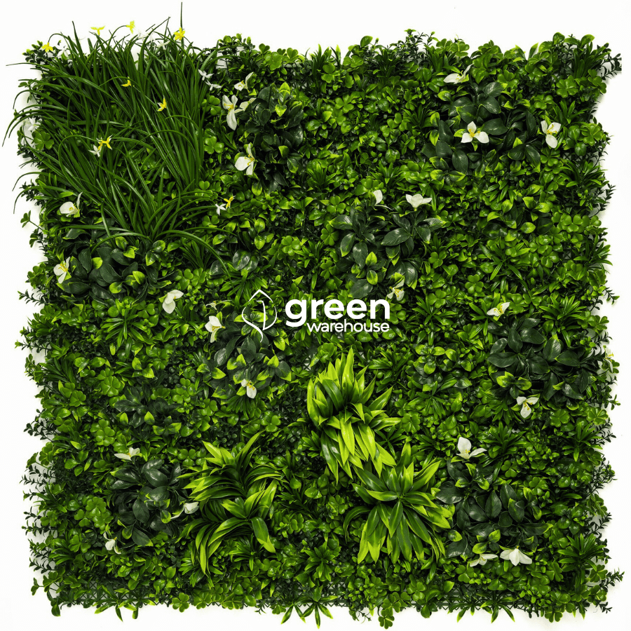 Black Forest Artificial Living Wall Panel 40x40 with UV-protected foliage, mix of myrtle leaves, clovers, tropical stars, and white gardenia flowers – high-density greenery wall for outdoor décor