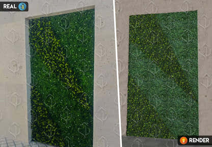 Artificial hedge design with custom green foliage pattern. Decorative fake plant wall panel for outdoor facades and architectural accents