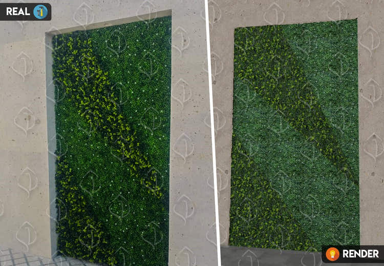 Artificial hedge design with custom green foliage pattern. Decorative fake plant wall panel for outdoor facades and architectural accents
