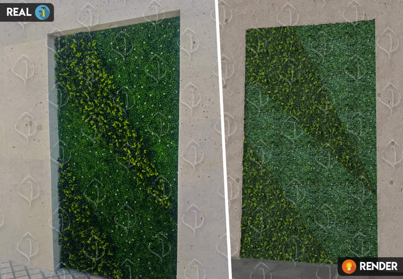 Artificial hedge design with custom green foliage pattern. Decorative fake plant wall panel for outdoor facades and architectural accents