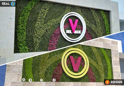 Custom artificial green wall design with circular logo centerpiece. Decorative greenery panels for outdoor branding and commercial spaces.