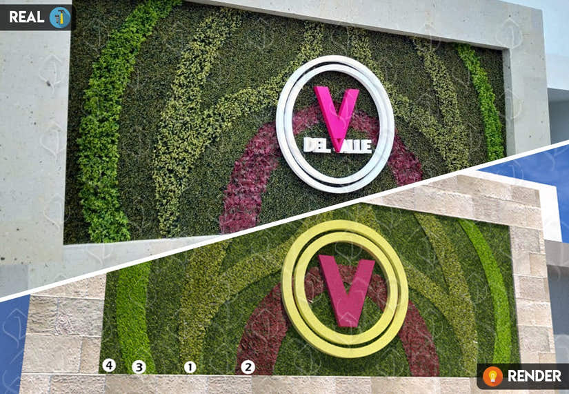 Custom artificial green wall design with circular logo centerpiece. Decorative greenery panels for outdoor branding and commercial spaces.
