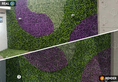 Custom artificial green wall with purple foliage accents. Outdoor decorative vertical garden panels for fences, walls, and architectural landscaping.