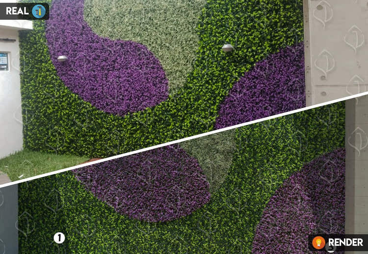 Custom artificial green wall with purple foliage accents. Outdoor decorative vertical garden panels for fences, walls, and architectural landscaping.