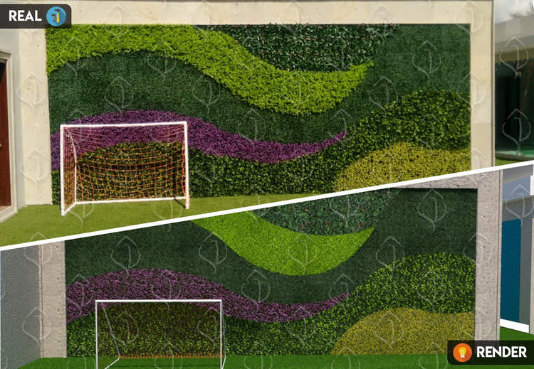 Artificial vertical garden wall with colorful foliage design behind soccer goal. Faux greenery panels for outdoor decoration and sports areas