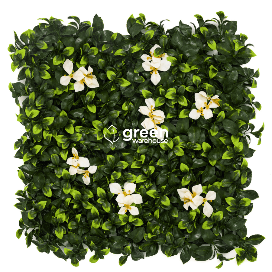 Gardenia Flower Artificial Hedge Panel 40x40 with UV-protected glossy leaves and white floral accents, dense greenery wall panel ideal for patios, fences, and decorative garden walls
