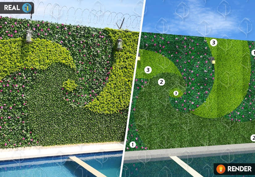Artificial green wall rendering vs real installation by pool