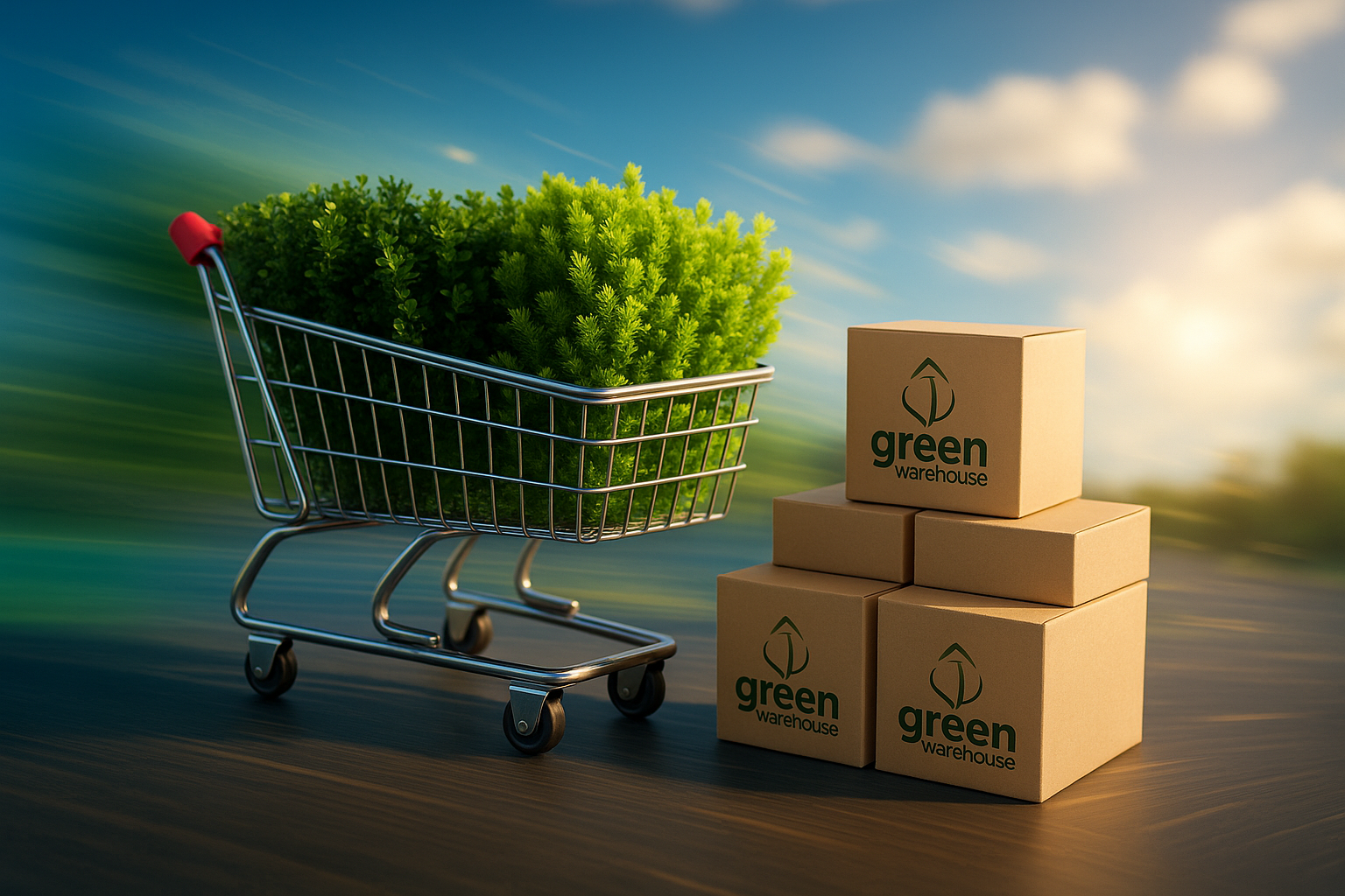 Shopping cart with greenery and Green Warehouse boxes symbolizing fast order processing and nationwide delivery of artificial green wall panels