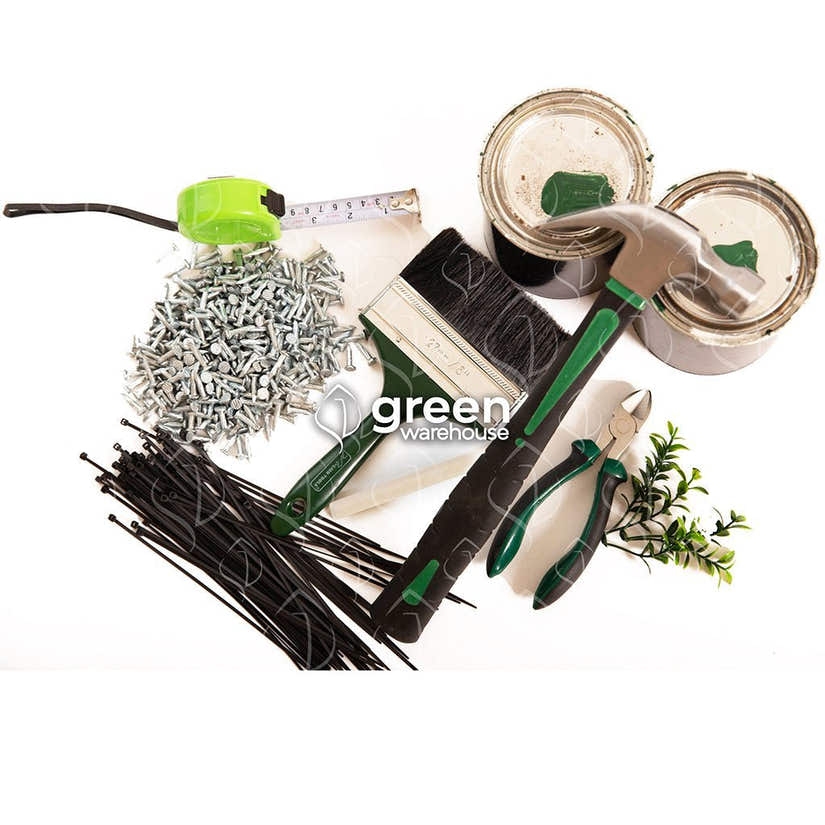 Installation tools and accessories kit for artificial hedge panels. Durable mounting hardware for fences, patios, privacy walls, and decorative green walls