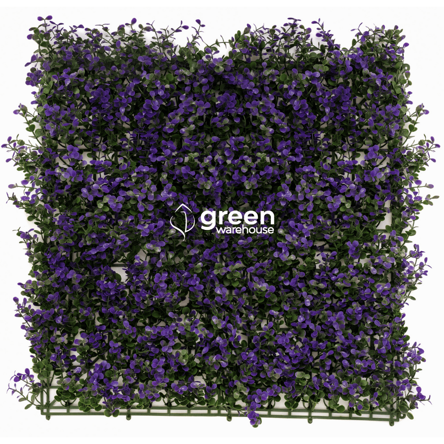 Lavender Myrtle Artificial Hedge Panel 40x40 with UV-protected green leaves and purple lavender tips, vibrant greenery wall panel ideal for patios, fences, and backyard décor