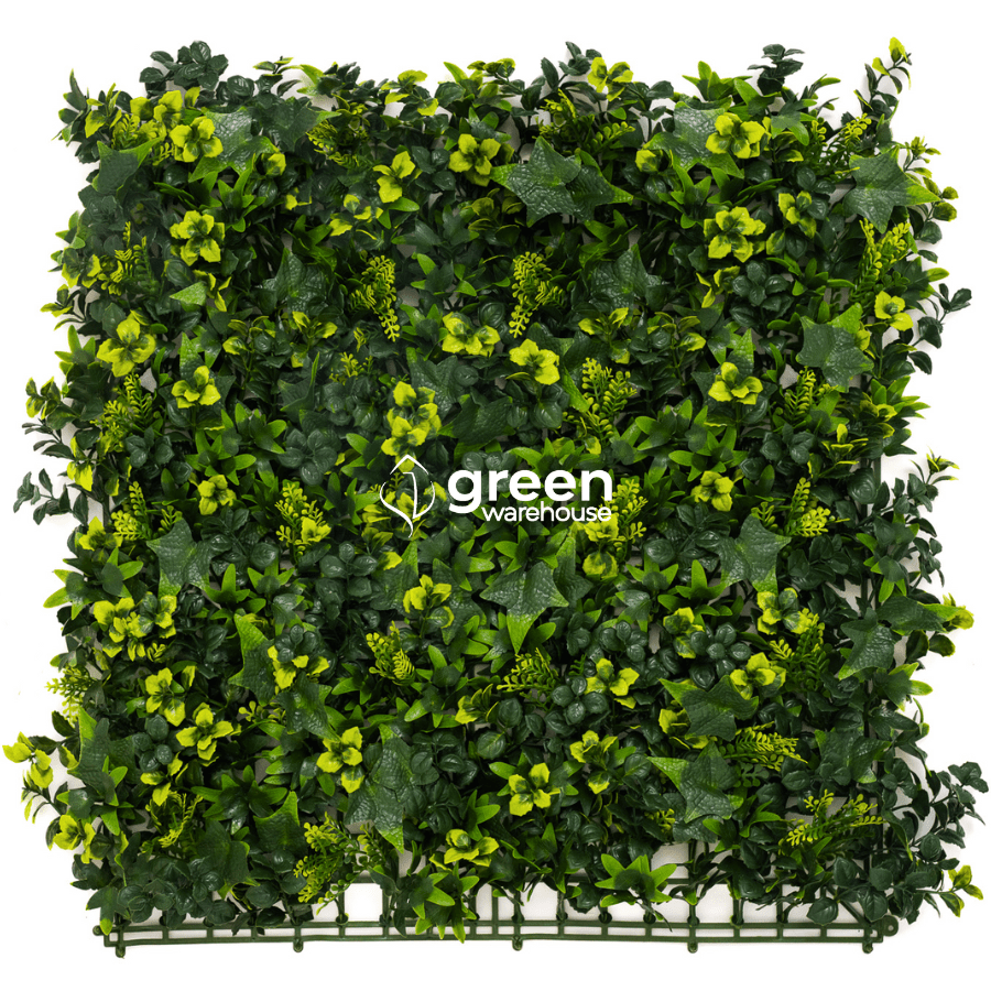 Mixed Fern Artificial Hedge Panel 40x40 with UV-resistant foliage, tropical blend of ferns and ivy in green tones, lifelike greenery wall for patios, fences, and outdoor privacy décor