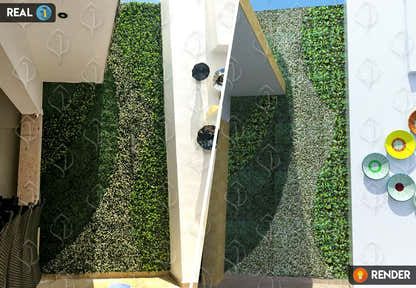 Outdoor artificial hedge wall design with custom foliage patterns. Decorative vertical garden panels for exterior walls and architectural projects