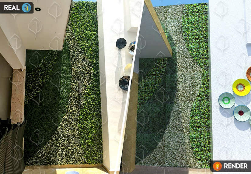 Outdoor artificial hedge wall design with custom foliage patterns. Decorative vertical garden panels for exterior walls and architectural projects