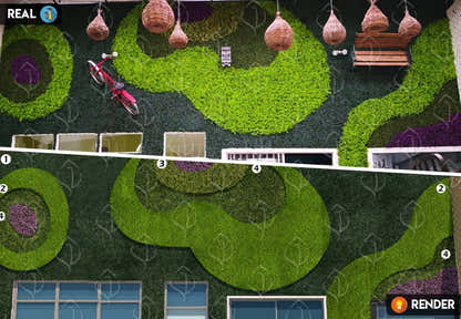 Creative artificial green wall design with circular foliage patterns. Decorative fake plant panels for patios, terraces, and outdoor decor