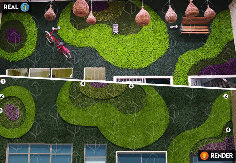Creative artificial green wall design with circular foliage patterns. Decorative fake plant panels for patios, terraces, and outdoor decor