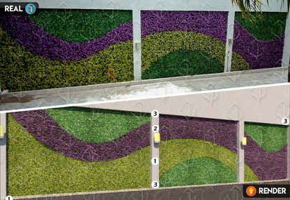 Colorful artificial greenery wall panels with purple and green foliage pattern. Decorative vertical garden hedge for fences and outdoor walls.