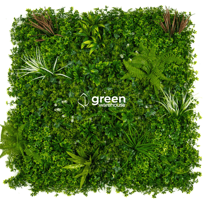 Tropical Mix Artificial Hedge Living Wall 40x40 with UV-protected foliage, blend of ferns, succulents, dracaenas, wildflowers, and grass – high-density artificial plant wall for bold greenery décor.
