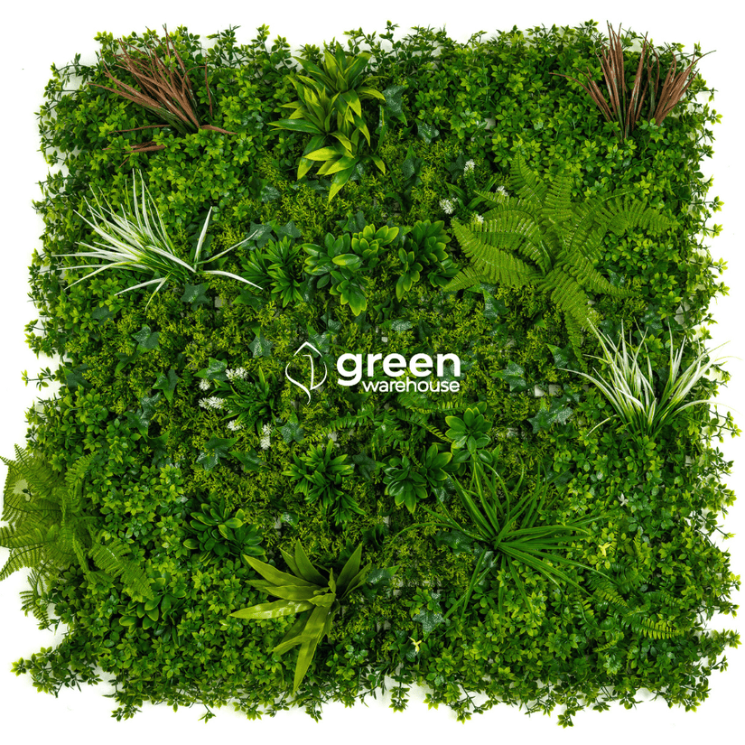 Tropical Mix Artificial Hedge Living Wall 40x40 with UV-protected foliage, blend of ferns, succulents, dracaenas, wildflowers, and grass – high-density artificial plant wall for bold greenery décor.